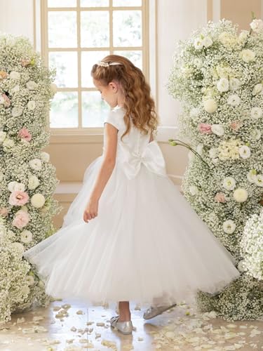 MCieloLuna Cap Sleeve Flower Girl Dress Satin Tulle First Communion Dresses for Girls Satin Party Ball Gown with Bow3