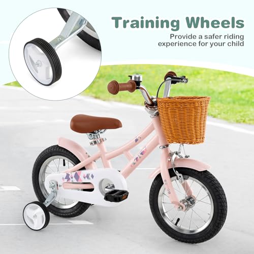 Image of BABY JOY Retro Kids Bike, 12 14 16 18 Inch Child Bike for 3-8 Years Old w /Rattan Basket, Adjustable Height, Training Wheels, Fenders, Handbrake Coaster Brake, 95% Pre-Assembled Kids Bicycle for Girls