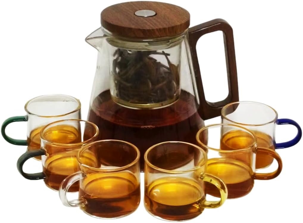 Heat - Resistant Glass Teapot Set with 6 Cups, Press - Type Removable Tea Infuser for Easy Brew & Separation, 800ML/27oz