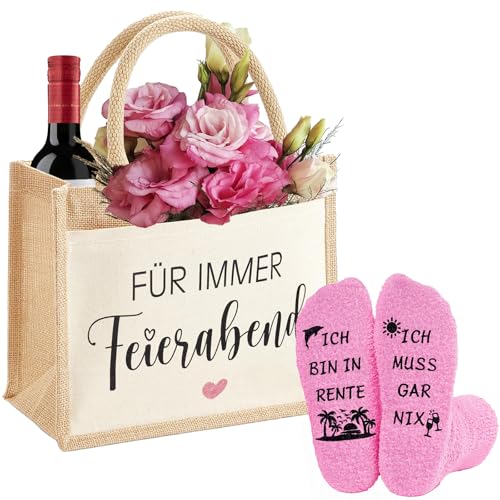 YYSWSAKY Renteneintritt Geschenk Frau Enthalten Socken Lustige Jutebeutel Ruhestand Geschenk für Frauen Rentner Geschenk Frau für Immer Feierabend (Renteneintritt)