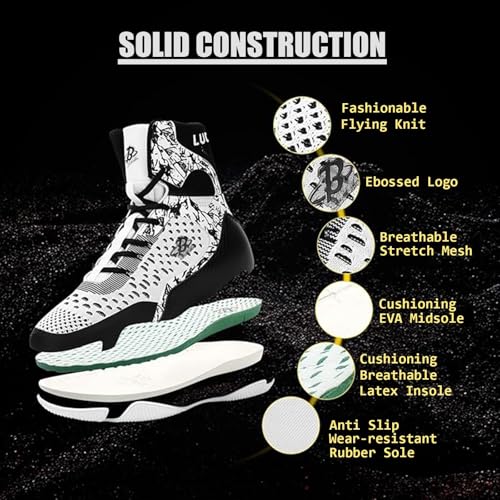 Image of Professional High-Top Boxing Shoes for Men & Women - Lightweight Wrestling Boots with Rubber Grip Sole - Breathable Microfiber & Mesh Training Shoes for MMA, Gym & Lifting (Grey, White, Blue)