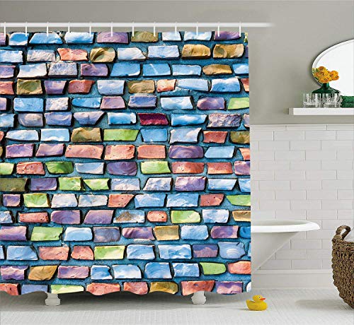 Longtrade Geometric Shower Curtain Tende Da Doccia Colorful Mosaic Tiles Pattern Brick Wall Design With Grunge Effect Worn Out Look Fabric Bathroom