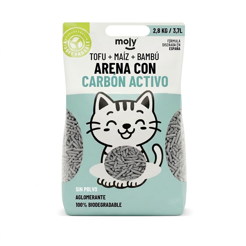 MOLY x2 Arena para Gatos Carbón Activo Biodegradable 5,6 KG 7,4 L | Arena Ecológica Vegetal de Bambú y Maíz Aglomerante | Alta Absorción y Bajo Polvo | Lecho Natural Compostable | Control de Olores — view 7