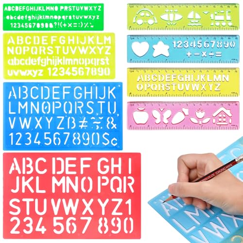 ZYNERY 8 Piezas Plantillas Letras Abecedario Multicolor Dibujar Plantilla Numeros Pintura Grandes y Pequeñas Dibujo Regla Numeros y Letras Regla Escuela para Pintar Alfabeto Spray Graffiti