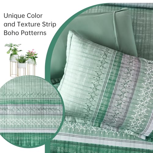 Image of Boho Queen Comforter Size Set, 8 Pieces Sage Green Striped Texture Bed in a Bag Bedding Sets, Lightweight Soft Comforter and Sheet Set, All Season Microfiber Teen Boys Bedding Sets for Men Women