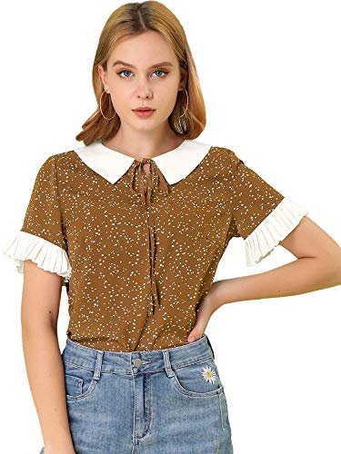 Allegra K Women's Contrast Doll Collar Polka Dots Tops Short Sleeves Blouse Large Brown