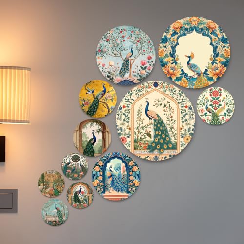 Image of RADIQORE Set of 11 Designer MDF Wooden Wall Hanging for Home Decoration | Office | Gift | Wall Decor Hanging Items | Wall Art | Living Room | Bedroom (peacock)