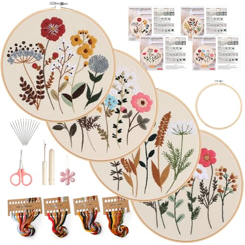 Embroidery Kit, 4 Sets Cross Stitch Kits for Beginners with Stamped Flower Pattern, Starter Kits for Adults Hand Craft Lover with Embroidery Hoop, Instructions and Threads