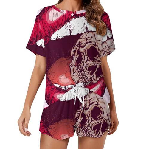 Vêtements de nuit été pour femme : ensemble pyjama manches courtes motif crâne gothique
