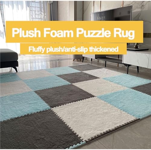 Soft Interlocking Foam Floor Mat - 100pcs 12x12x0.4 in Non-Slip Plush Tiles for Living Room, Bedroom & Playroom Decor - Thick Fluffy Gray & White Area Rug