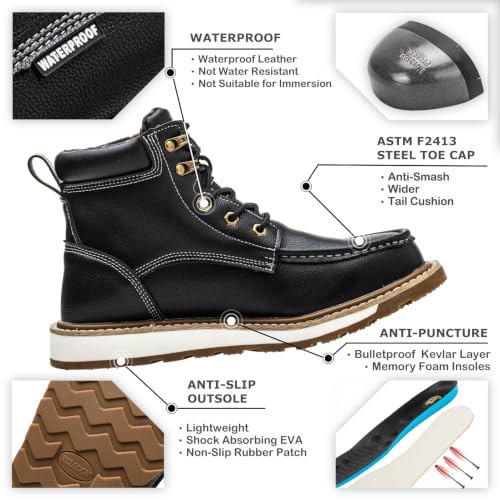 Image of KELODON Waterproof Steel Toe Boots For Men-6 inch Leather Moc Toe Work Boots Mens Steel Toe Shoes Indestructible Non Slip Resistant Construction Safety Boot