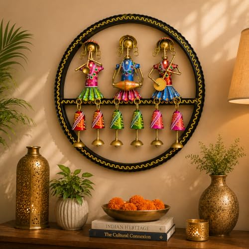 Image of iHandikart Handmade Metal Wall Art for Home Decor | 15 x 15 Inch Round Rajasthani Musician Wall Sculpture with Hanging Bells | Decorative Iron Wall Hanging for Living Room, Hallway, Office & Entryway