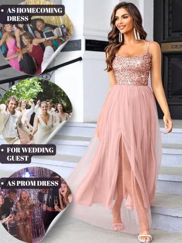 Image of ShawGobow Tulle Prom Dress with Slit,Sequin Backless Long Flowy Dresses for Women,Sexy Sparkly Outfits Homecoming Wedding