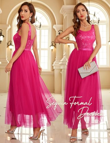 Image of BeryLove Sequin Dress for Woman Vintage A Line Wedding Formal Swing Mesh Dress Sleeveless Cocktail Maxi Gowns