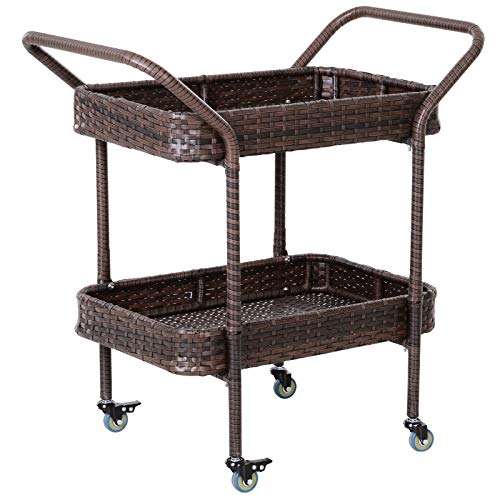 Outsunny Rattan Food and Serving Cart with 4 Wheels and 2-Tiers of Surface