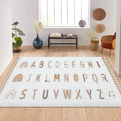 Dgaier Kid Rug Boho Alphabet Letter Set White Bohemian Rainbows For Wall Decor Cards Woven Area Rug With Tassels Patio Mat Carpet Boho Home Decor Outdoor Living Room Kid Bedroom Playroom Nursery Rug 5X8' thumb #3