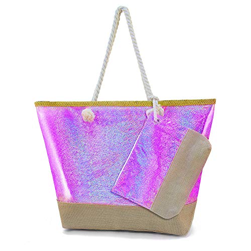 Diealles Strandtasche XXL Familie mit Reißverschluss, Strandtasche Glänzend XXL mit Reißverschluss und Innentasche für Reise, Kaufen, Ausflug usw (Rosa)