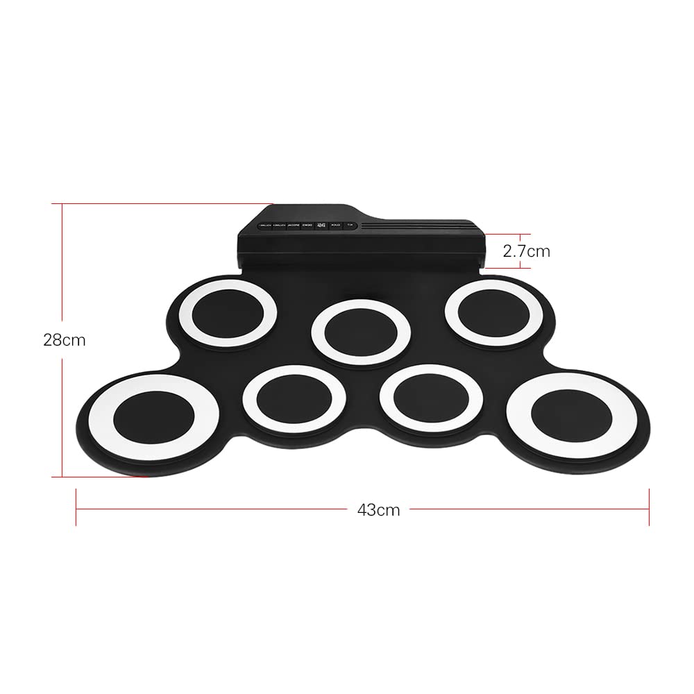 7 Pads Roll Up Electric Drum Pad Set, Portable USB Rechargeable Drum with Drumsticks Foot Pedals 3.5mm Audio Cable for Practice Beginners Kids (White)