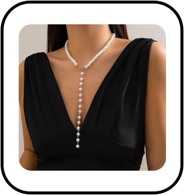 Long Pearl Necklace for Women - Vintage Imitation Pearl Round Bead Y Necklace Gold Silver White Long Tassel Pendant Minimalist Necklace Layered Charm Sweater Necklace for Her