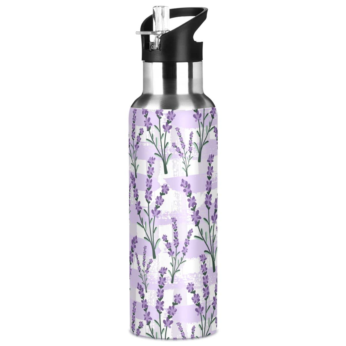 Edelstahl Wasserflasche mit Strohhalm, Retro Lila Lavendel Isolierte Trinkflasche Sport Wasserflasche für Kinder Erwachsene, auslaufsicher, 1L