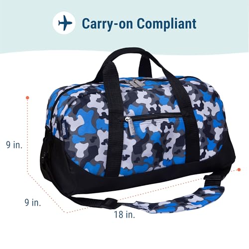 Image of Wildkin Kids Overnighter Duffel Bag - Carry-On Travel Bag for School & Sleepovers, Lightweight, Durable, Boys & Girls Ages 4-15 - Blue Camo
