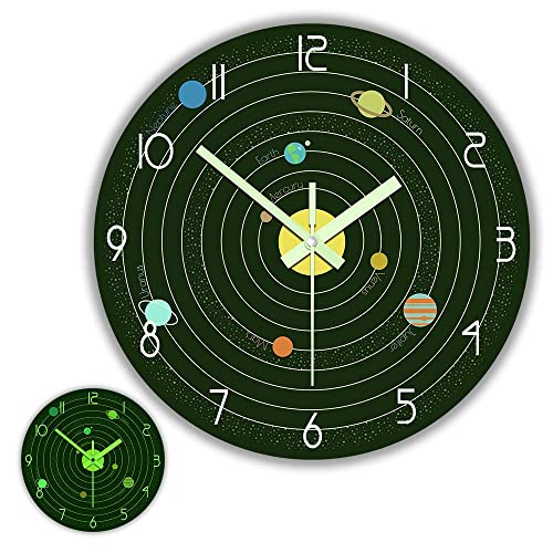 The Geeky Days Glow in The Dark Wall Clock, Solar System in Space 12inch Modern Luminous Silent Clock, Battery Operated Quartz Educational Planet Position Acrylic Print Watch Astronaut Gift