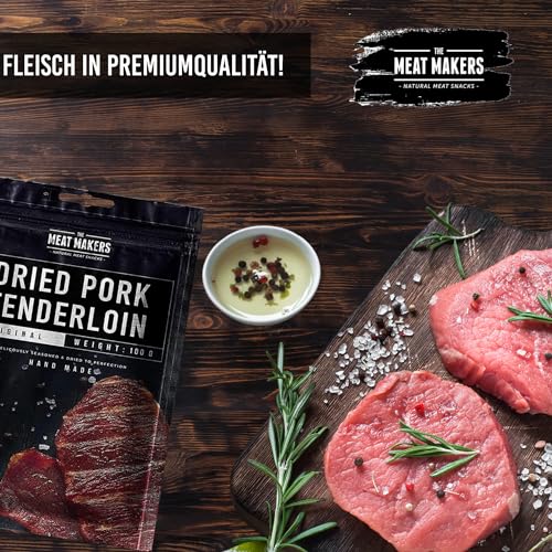 THE MEAT MAKERS - Dried Pork Tenderloin Pork Jerky 500g (5x100g) - Trockenfleisch Für Menschen, Trocken Fleisch Schweinefleisch Schweine Jerky Snack. Hervorragende Alternative zum Beef Jerky Snack.