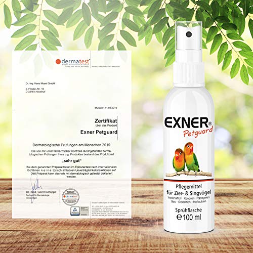 Exner Petguard Tierpflege für Ziervögel & Singvögel - Pflegemittel bei Juckreiz, Haarausfall, Entzündung, Parasiten, Räude, Milben & Pilzbefall - biologisch & natürlich - 100 ml Sprühflasche