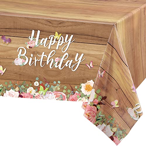 Tiamon TIAMON-TABLECLOTHS-53 Floral Happy Birthday Tablecloths Cute Butterfly Wood Grain Table Cover Flower Disposable Tablecover/Party Decor cover