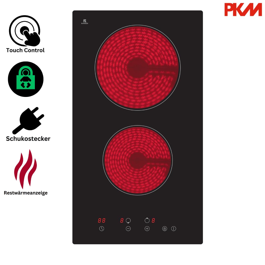 PKM Glaskeramik-Doppelkochfeld EB-GK-2TC G | 9 Heizstufen je Kochzone | 2 Kochzonen | Ø 16,5 & 20,0 cm | 2900Watt | Restwärmeanzeige | Touch Control | Timer | Kindersicherung | Schuko-Stecker