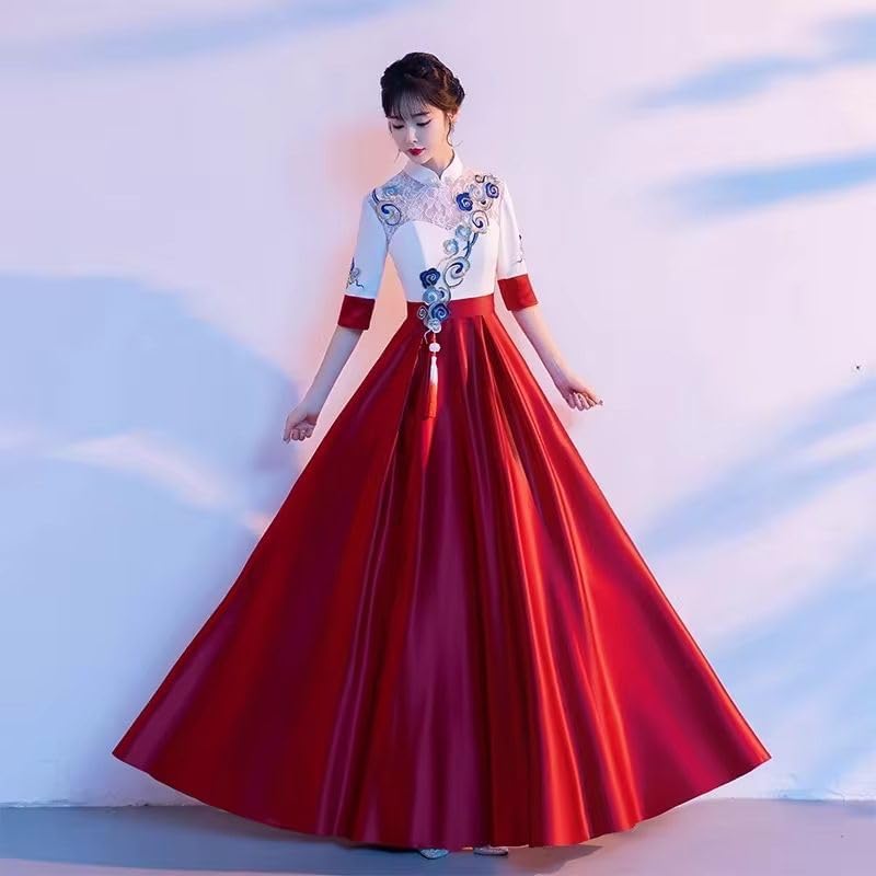 ヴィンテージマンダリンカラーチャイナドレスウェディングパーティードレス中国風の袍コーラスホスト衣装