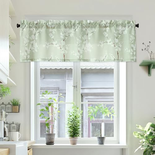 Image of FMFUNCTEX Green Window Valance Curtains for Living Room White Floral Print on Canvas Kitchen Valance for Bathroom Basement Window Top Botanical Blossom 54 inch W x 15 inch L 1 Panel