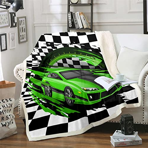 Erosebridal Green Sports Car Blanket for Boys, Cool Race Car Throw Blanket Kids Teens Extreme Sports Fleece Blanket Black and White Grids Print Bedroom Living Room Decor Fuzzy Blanket 50"X60