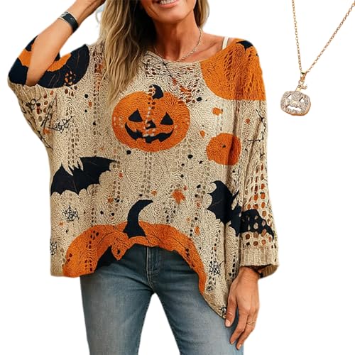 Halloween Pumpkin Knit Sweater, Womens Pumpkin Chunky Crochet Hooded Sweaters, Oversized Bat Cozy Fall Pullover Sweatshirts