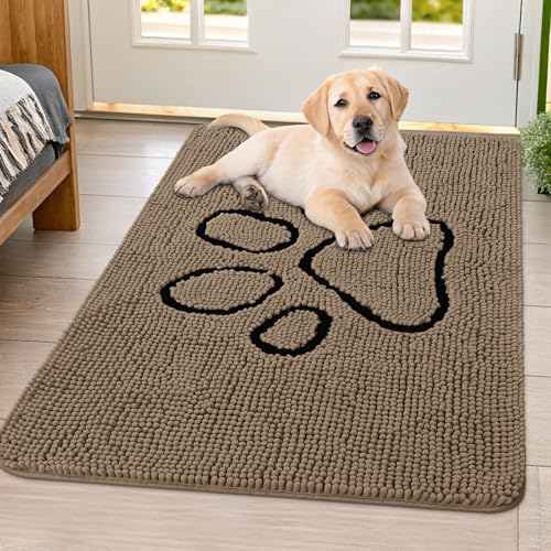 Image of Smiry Dog Door Mat for Muddy Paws, Absorbent Dirt Trapper Non Slip Quick Dry Washable Chenille Mat for Mud Dogs, Entry Rug for Indoor and Outdoor (40x32 Inches, Camel and Black)