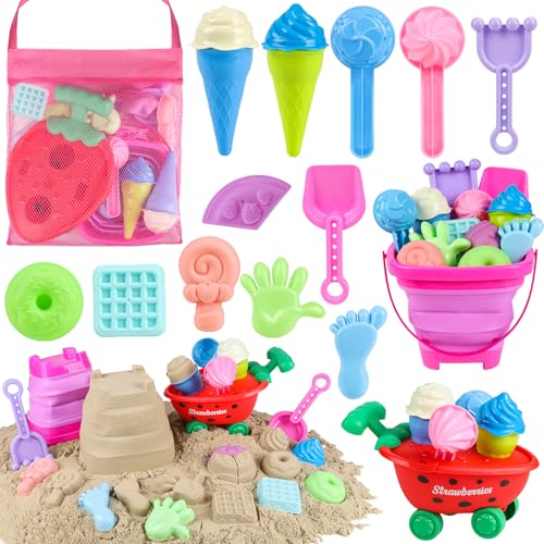 Meaicezli Beach Toys, Ice Cream Sand Toys with Collapsible Beach Bucket, Ice Cream Scoop and Cart, Sand Molds, Mesh Bag, Summer Outdoor Travel Toys for Toddlers 3-5