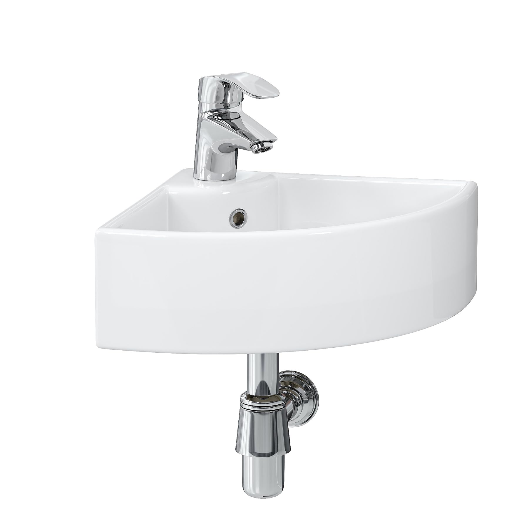 Lavabo esquinero pequeño de cerámica, 460 x 330 mm, blanco, pequeño lavabo para invitados y baños pequeños, montaje en pared o sobre encimera con orificio para grifo y rebosadero, diseño moderno de