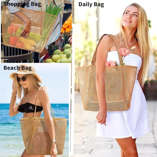 Image of Mesh Beach Tote Bags for Womens, Shoulder Handbag Hobo Pool Bags for Swimming Vacations Summer Essentials