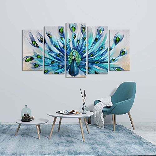 Zlove 5 Pieces Canvas Wall Art Teal Blue Green Peacock Showing Its Beautiful Feathers Animal Picture Painting On Canvas Framed For Living Room Bedroom Office Decor Ready To Hang #TOP3