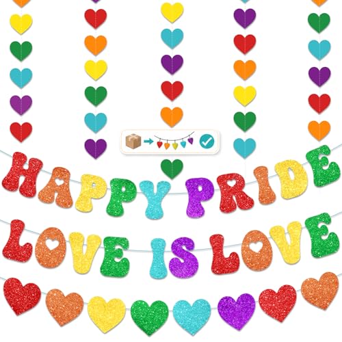 4PCS Pre-Strung Happy Pride Month Banner NO DIY Pride LGBTQ+ Decorations Include Love is Love Banner Rainbow Heart Garland for Home Office Gay Pride Party Supplies