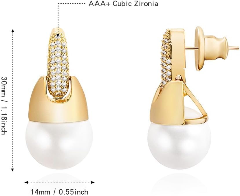 Shell Pearl Drop Earrings - 14K Pearl Dangle Earrings with Cubic Zirconia - Teardrop pearl Earrings for Women - Image 2