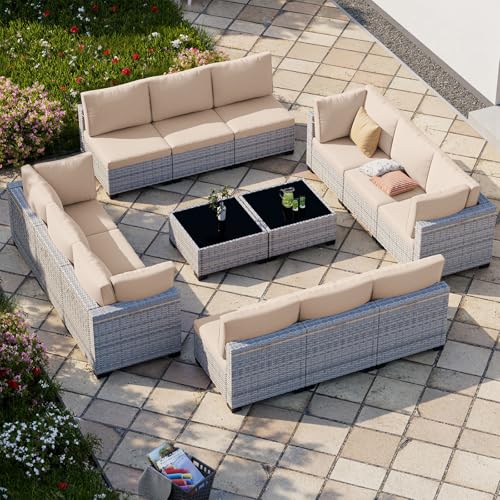 Image of Outdoor PE Wicker Rattan Modular Patio Sectional Sofa Set | 14-Piece: 12 Modular Seats & 2 Coffee Tables, Khaki