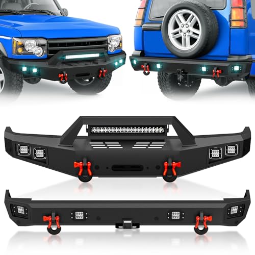EYOUHZ Off-Road Front & Rear Bumper Compatible with 1999-2004 Land Rover Discovery 2 Built-in LED Lights, Sensor Mounting Holes, Winch Plate, 2
