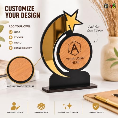Image of Gift Kya De Star Trophy Memento | Self-Customizable Wooden & Acrylic Award with Stickers | Corporate Appreciation, Employee Recognition, Achievement Award (Big - Self)