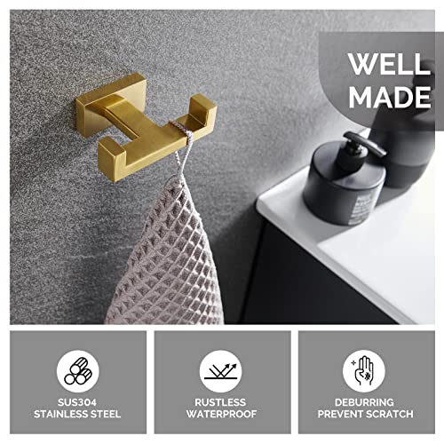 Angle Simple Double Towel Hook, Sus304 Stainless Steel Bath Towel Holder, Bathroom Kitchen Double Wall Hook, Hand Towel Hanger, Brushed Gold #TOP3