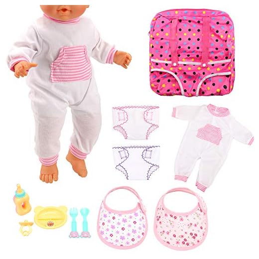 Miunana Accesorios: 1x Ropa +1x Mochila + 1x Vajilla + 2X Pañales + 2X Baberos para 14-18 Pulgadas Muñecas Baby Doll Baby Alive (Ropa + Accesorios + Mochila)