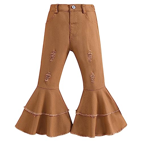 Toddler Baby Girl Bell Bottom Ripped Jeans Kids High Waist Bell-Bottoms Elastic Waist Ruffle Trousers Flare Pants