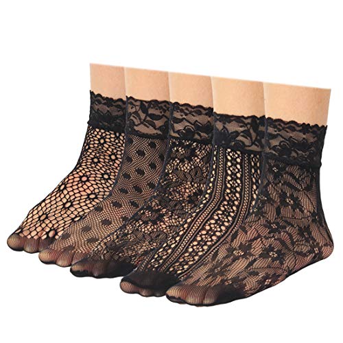 kilofly 5 Pairs Women Lace Fishnet Socks Ankle Dress Liner Stockings