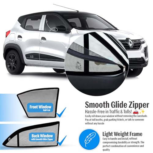 Image of Autofact Magnetic Car Sunshades Compatible with Renault Kwid (Set of 4) - Easy Installation, UV Protection, Keeps Car Cool (Front 2 Half-Cut for Side Mirror Visibility, Rear 2 with Zippers)