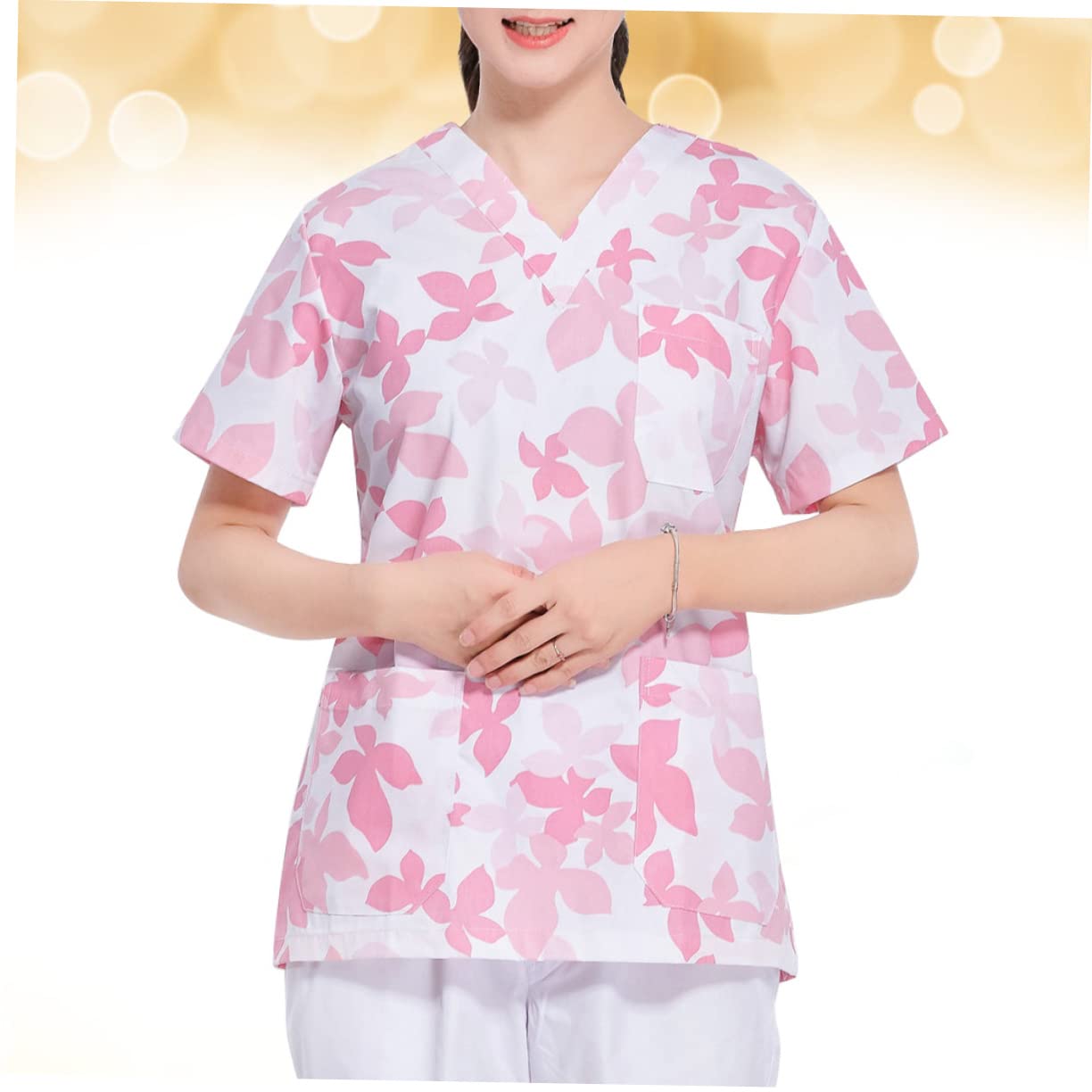 Garneck Divisa da Infermiera in Cotone Motivo Acero Uniforme Ospedaliera Maniche Corte Abiti da Lavoro Due Pezzi Scollo V per Estetista Clinica